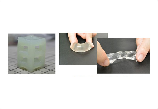 (Figure 3)3D model of high strength gel(left) / Three-dimensional freeforming of highly transparent and flexible gel(middle,right)